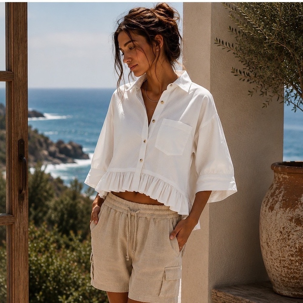 We The Free Bailey Shirt Women XS White Cotton Ruffle Hem Cropped OB2270386 - Picture 1 of 15
